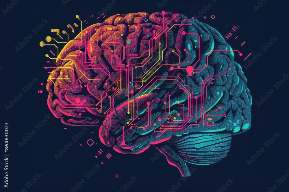 Poster colorful human brain with circuit board pattern artificial intelligence and machine learning concept