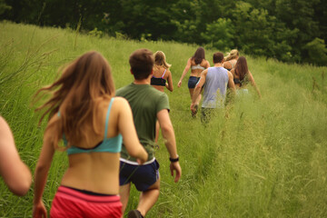 Fototapeta premium Group of young people walking through a grassy field