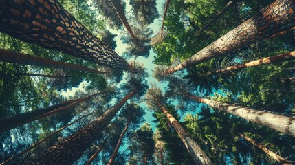 Pine tree tops captured from below on a sunny day in the summer forest