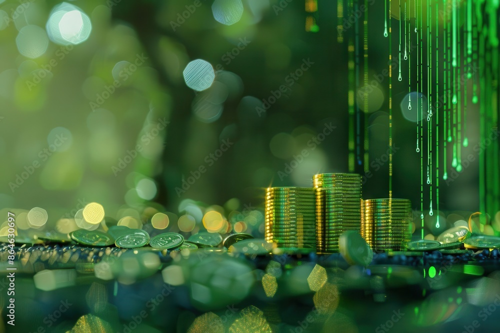 Poster conceptual image of coins stacked on the ground with a vibrant green digital graph representing inve
