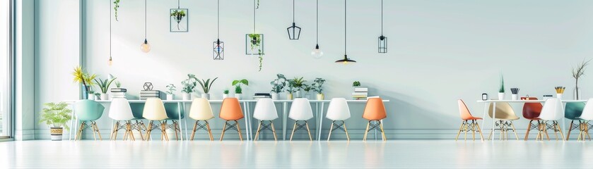 Modern dining area with colorful chairs and hanging plants. Bright, minimalistic interior design for a cozy and vibrant ambience.