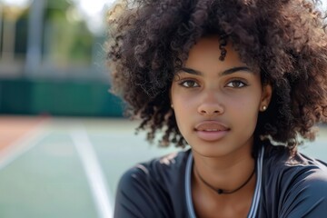 Obraz premium confident young african american woman with afro hairstyle on basketball court sports portrait