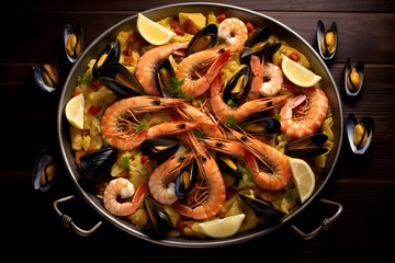 Authentic Seafood Paella with Shrimp, Mussels, and Clams Served in a Traditional Pan