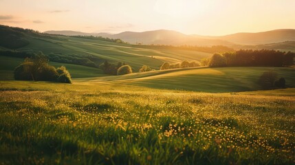 Fototapeta premium Golden Hour Landscape Photography of Rolling Hills and Meadows for Nature and Travel Marketing