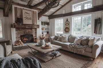cozy farmhouse living room interior with rustic decor and neutral colors