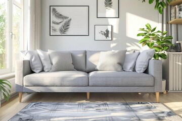 Fototapeta premium cozy scandinavian living room interior inviting gray sofa with plush cushions 3d render