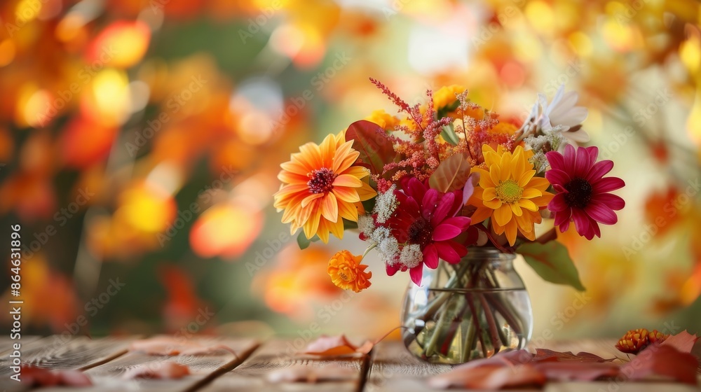 Poster A vase of fall flowers adds a pop of color to the table complementing the autumn foliage backdrop.