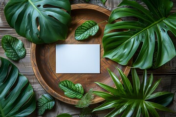 Fototapeta premium Tropical Business Card Mockup on Wooden Plate