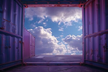 Purple shipping container with open doors against a backdrop of a cloudy sky, creating a contrast between industrial and natural elements