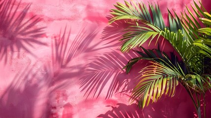 Palm leaves casting intricate shadows on a vibrant pink wall, creating a modern and tropical decor scene