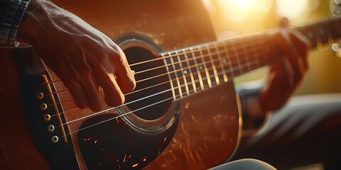 Fototapeta premium Closeup of fingers strumming an acoustic guitar, warm tones