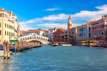View of the Rialto Bridge and surrounding buildings on the Grand Canal in Venice, Italy