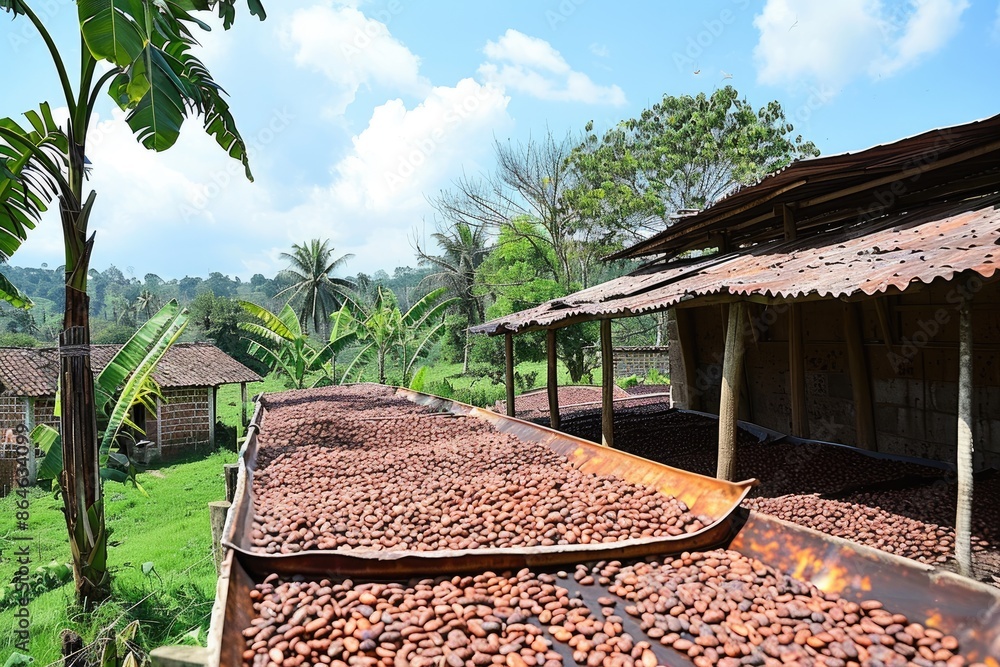 Poster a large pile of cocoa beans is drying in the sun. the beans are spread out on a large surface, and t