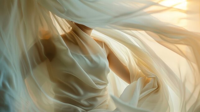 A romantic and dreamy scene captured with a soft billowing fabric as the main focus in the studio session.