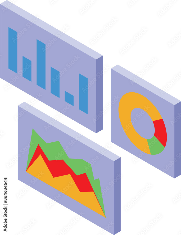 Poster business analytics concept showing charts and graphs in isometric projection