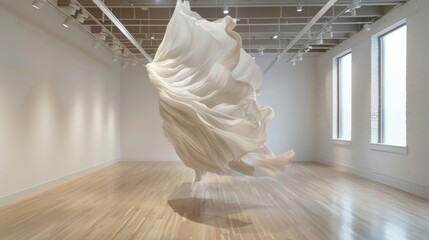 The gallerys focal point a suspended fabric sculpture resembling a floating dress evoking a sense of grace and elegance.