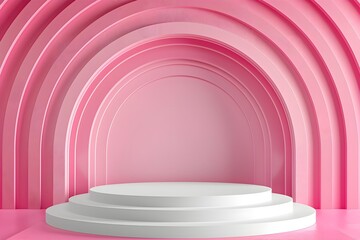 Obraz premium White podium with circular striped line arches on a pink background. Minimalist design concept for modern product display and promotional marketing