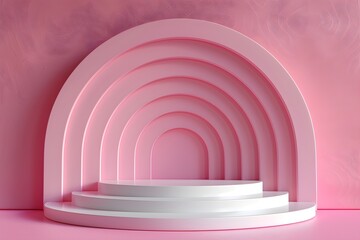 Fototapeta premium White podium with circular striped line arches on a pink background. Minimalist design concept for modern product display and promotional marketing