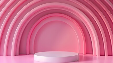 Obraz premium White podium with circular striped line arches on a pink background. Minimalist design concept for modern product display and promotional marketing