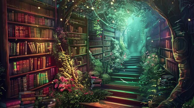 Fantasy glowing library nestled in nature. Magical and enchanting woodland scene.
 Seamless looping 4k time-lapse virtual video animation background. Generated AI