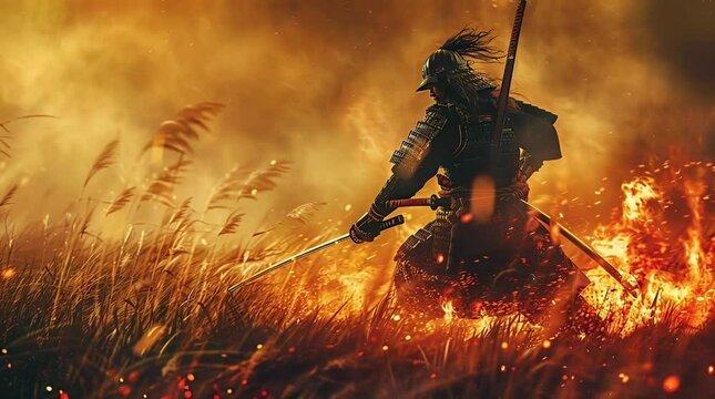 Samurai with a sword standing on a burning grassland. Dramatic and intense scene.
 Seamless looping 4k time-lapse virtual video animation background. Generated AI