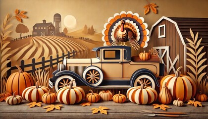 Paper Style Thanksgiving with Vintage Car and Pumpkins
