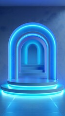 Fototapeta premium Neon light blue podium on blue background. Minimal scene