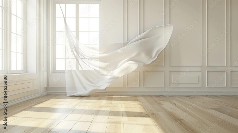 Poster a simple white curtain floating from an open window catching the wind and transforming a plain room 