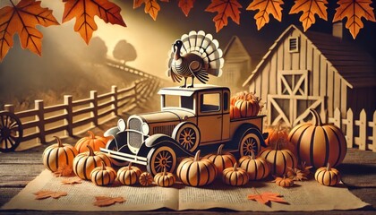 Festive Thanksgiving Car on Pumpkins with Turkey in Paper Style