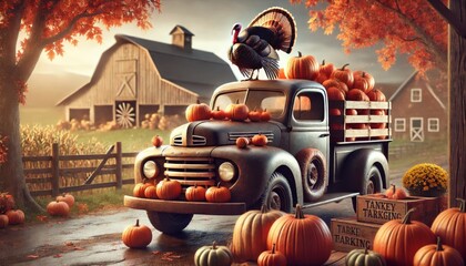 Old Truck Filled with Pumpkins and Turkey on Roof