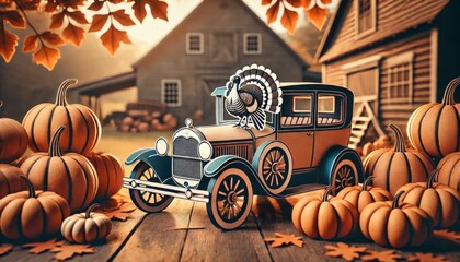 Detailed Paper Style Thanksgiving Car on Pumpkins with Turkey