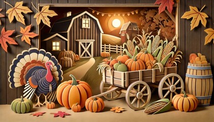 Festive Thanksgiving Scene in Paper Style with Wagon and Pumpkins
