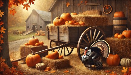 Old Wooden Wagon Filled with Pumpkins and Hay for Thanksgiving
