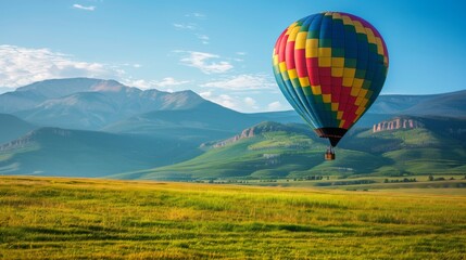Fototapeta premium A colorful hot air balloon ascends over a grassy field and mountain range
