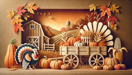 Paper Cutout Style Thanksgiving Harvest with Vintage Wagon