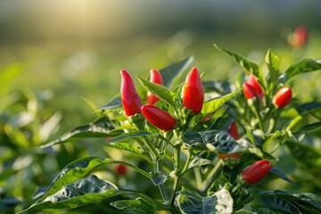 A bunch of red peppers are growing in a field. The peppers are small and clustered together. The field is lush and green, with the sun shining down on the plants