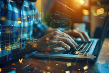 Business Professional Analyzing Data on Laptop in Modern Office with Digital Interface Overlay