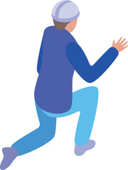 Construction worker kneeling and pointing with hand isometric illustration