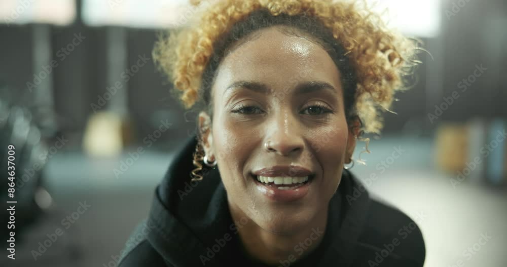 Poster Breathing, face and smile with fitness woman in gym for start of exercise, training or workout routine. Challenge, portrait and sweat with happy of African person in health club for performance