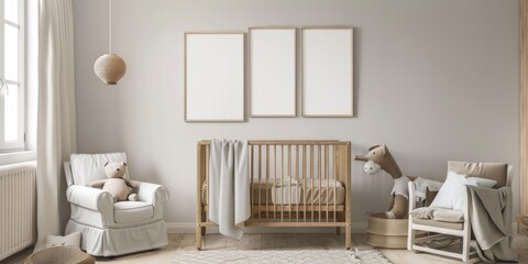 A cozy nursery setting with a baby crib and rocking chair