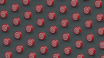 Trendy isometric pattern made with red and white targets with dart bullseye on rich grey background. Minimal success and achievement concept. 3D illustration render.
