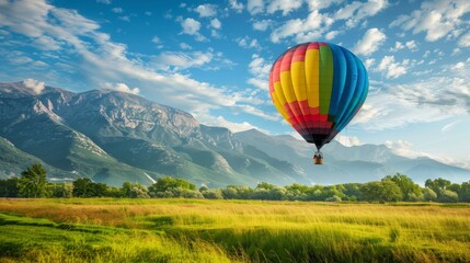 Naklejka premium A hot air balloon floats over a field with a mountain range in the distance