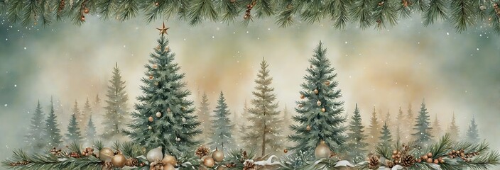 Obraz premium Seasonal Christmas Decorations in a Snowy Scene with Evergreen Trees, Sky Background, and Holiday Themes