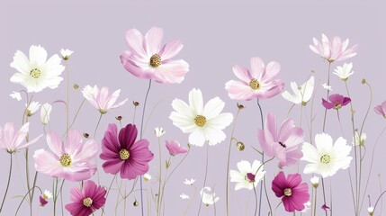 Fototapeta premium illustration of pink, white, and purple cosmos flowers on a lilac background