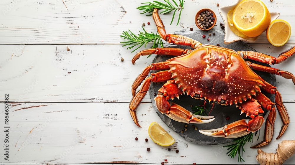 Poster a crab is on a plate with a lemon and some spices. the crab is the main focus of the image, and the 