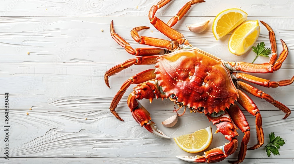 Poster a large crab is sitting on a table with a lemon and some parsley. the crab is orange and has a claw 