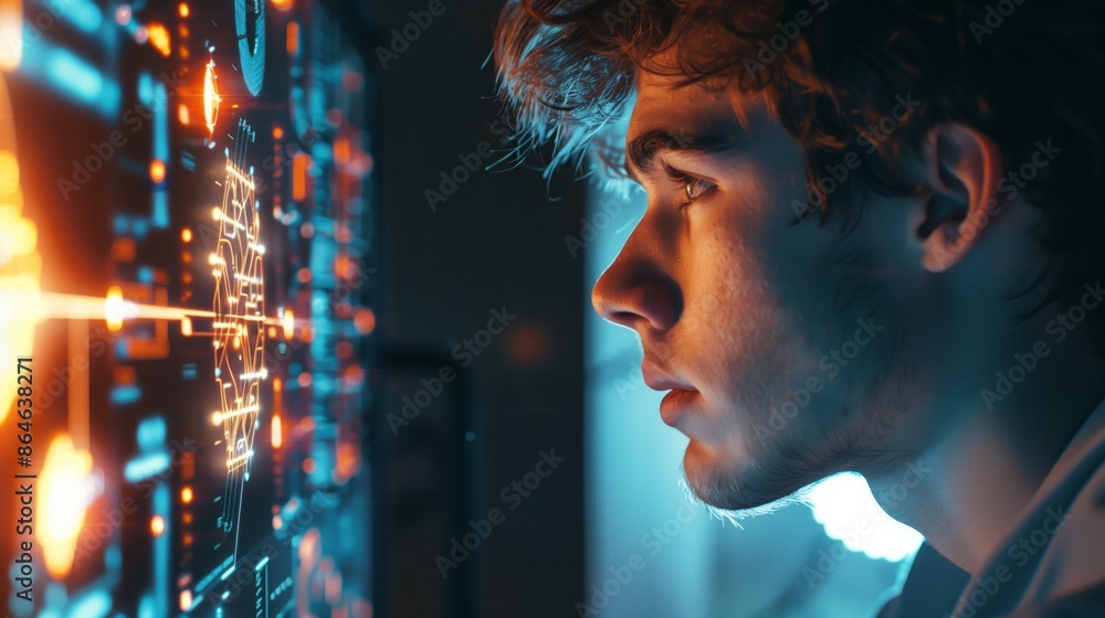 Poster a young scientist, deep in thought, stares intensely at evolving algorithms on a glowing screen in a