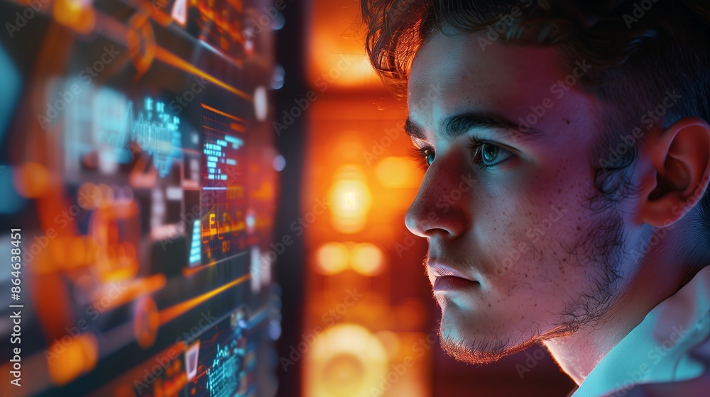 Poster close-up of a young scientist deeply focused on a screen of evolving algorithms in a dimly lit room.