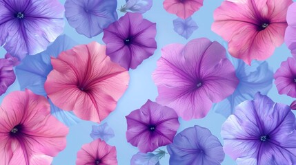 A vibrant close-up image of various shades of pink, purple, and blue petunia flowers, all blooming against a light blue background