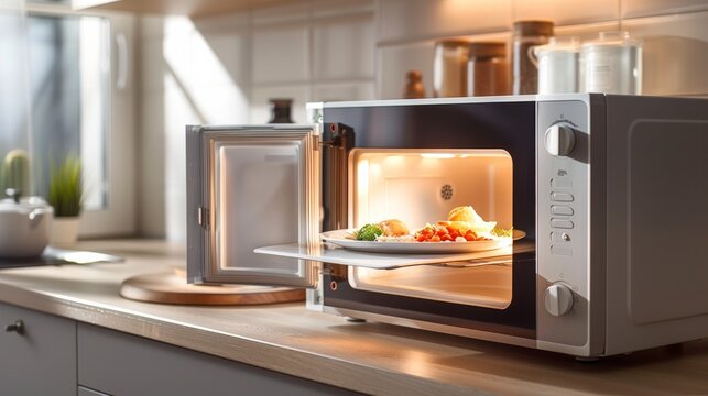 A microwave oven with a plate of food inside illuminated by an interior light
